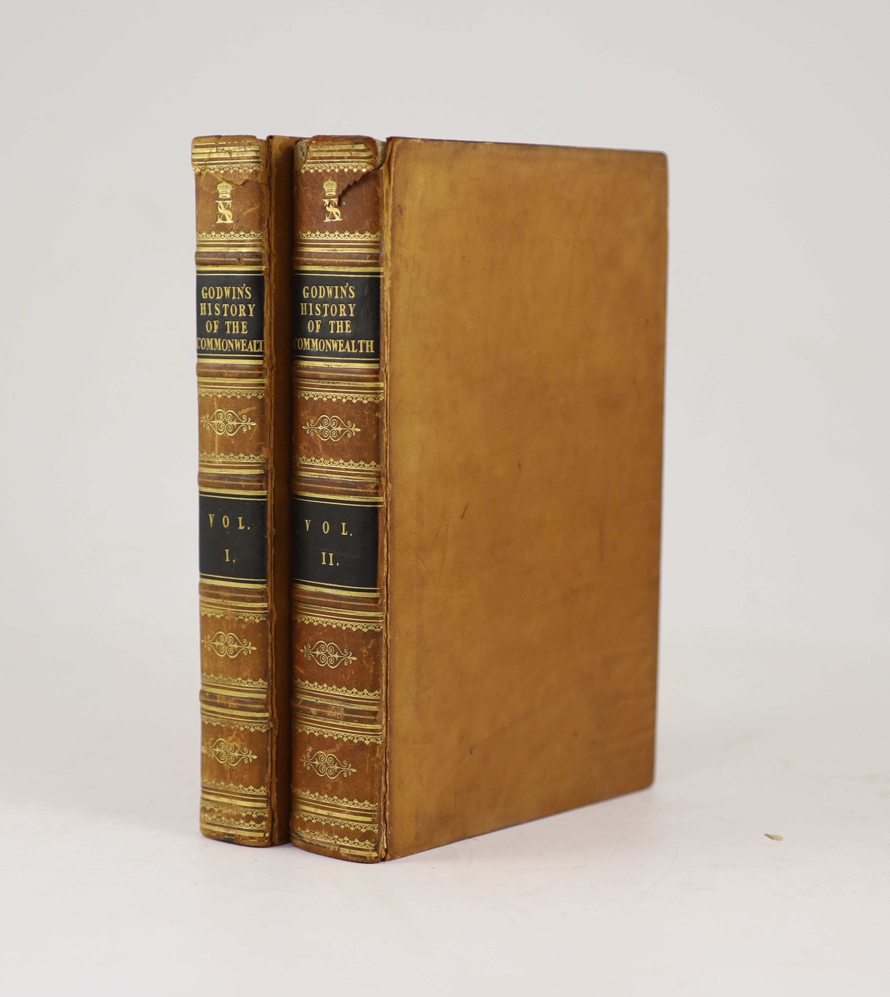 Godwin, William - History of the Commonwealth of England... vols 1+2 (of 4). Tanned calf, gilt ruled and decorated spines with 2 Morocco labels to each. 8vo. Henry Colburn, London, 1824.